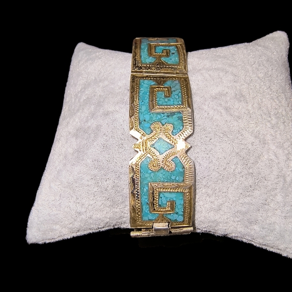 Vintage Mexico Sterling Silver & Turquoise Inlay Hinged Panel Bracelet - Picture 5 of 10